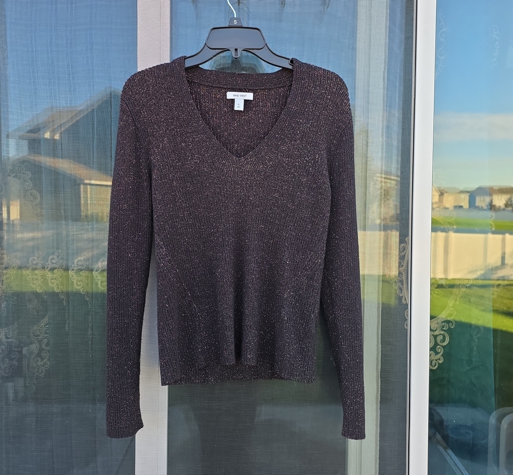Nine West Metallic V-Neck Sweater in Dark Brown